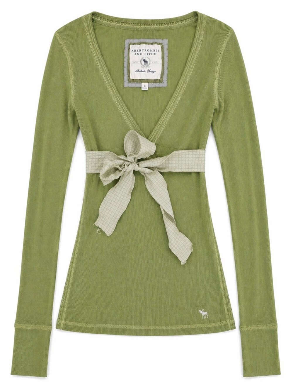 Abercrombie Vintage Green long sleeve ribbed vneck babydoll top With Tie